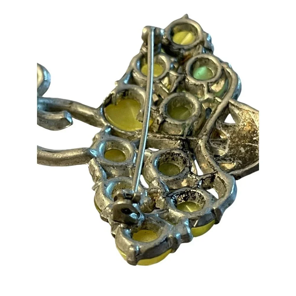 CORO Unsigned Yellow Moonstone Lucite Basket‎ Brooch Rhinestones Vintage READ